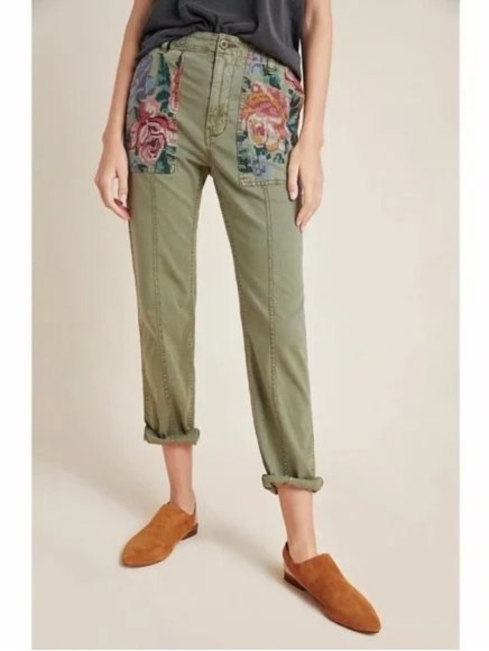 Anthropologie Olive Green Cropped Utility Pants with Floral Patch Pockets